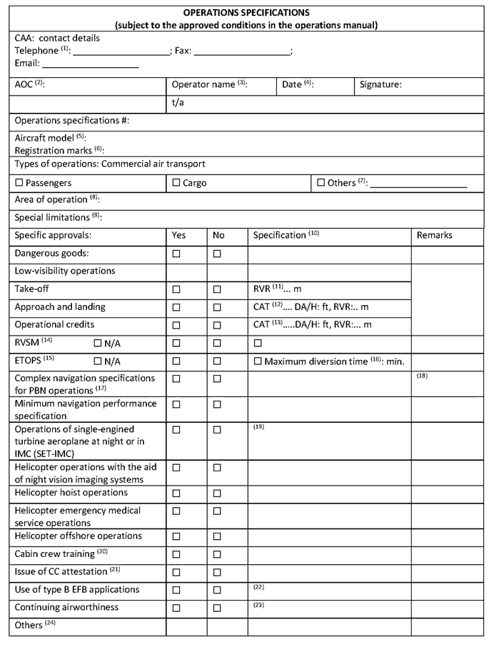 Image of the Operations Specifications form 139, page 1